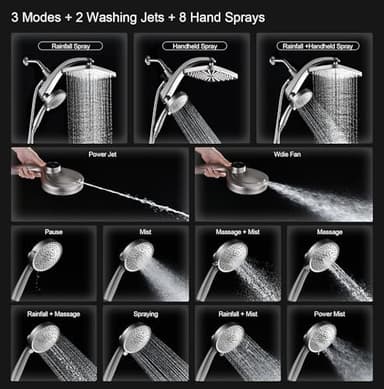 High Pressure Rain Shower Head: Upgrade Shower Heads with Handheld Spray Combo with Fixed Showerhead and 10 Sprays Handheld Shower Head, Detachable Showerheads Built-in Magnetic Docking and Power Jets - Image 4