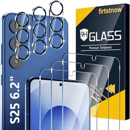 firtstnow 3 Pack Glass Screen Protector for Samsung Galaxy S25 [6.2 inch] + 3 Pack Camera Lens Protector, 9H Tempered Glass, Fingerprint Unlock, HD Clear Case Friendly Anti-Scratch - Image 1
