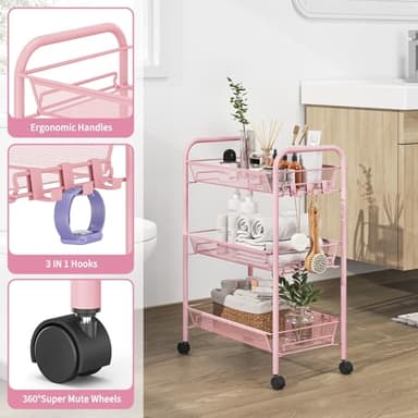 TOOLF 3 Tier Rolling Utility Cart - Durable Metal Design Pink Utility Cart, Storage Trolley on Wheels with 3 Hooks, Perfect for Kitchen, Bathroom & Laundry Room Organization - Image 4
