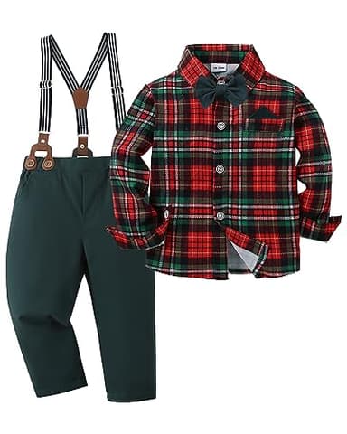 DISAUR Toddler Boy Dress Clothes Short Sleeve Christmas Red Plaid Flower Dress Shirt Bow Tie Suspender Green Pants Toddler Outfits For Boys 18 Months 2t 24 Months - Image 1