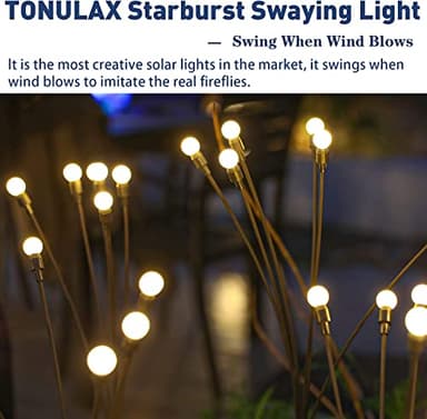 TONULAX Solar Garden Lights - Upgraded Solar Swaying Light, Sway by Wind, Outdoor Lights, Yard Patio Pathway Decoration, High Flexibility Iron Wire & Heavy Bulb Base, Warm White(2 Pack) - Image 6