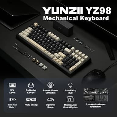 YUNZII YZ98 Gasket Mechanical Keyboard,99 Key Hot Swappable BT5.0/2.4G/USB-C Wireless NKRO 98% 1800 Layout with RGB LED Backlit for Linux/Win/Mac(Milk Switch, Black) - Image 2