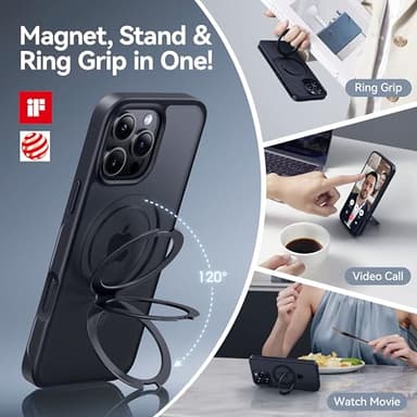 CASEKOO Ultra-Magnetic Stand for iPhone 16 Pro Case [Military Drop Protection] [Compatible with MagSafe] Shockproof Translucent Matte Slim Ring Holder Case for iPhone 16 Pro 6.3", Black - Image 3
