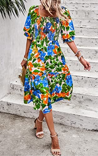 PRETTYGARDEN Women's Summer Casual Midi Dress 2025 Spring Puff Sleeve Square Neck A-line Flowy Boho Floral Smocked Dresses - Image 3