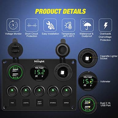 Nilight - 90125E 5 Gang Multi Function Rocker Switch Green Backlit Dual USB Charger + Digital Voltmeter +12V Outlet Pre-Wired Switch Panel with Inline Fuse for RVs Cars Boats Trucks Trailers - Image 3