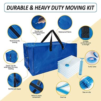 12 Pack Heavy Duty Extra Large Moving Bags with Backpack Straps & Large Vacuum Storage Bags Moving Supply Combo, Moving Totes with Handles & Zippers for Space Saving, Fold Flat, Includes Vacuum Bags - Image 5