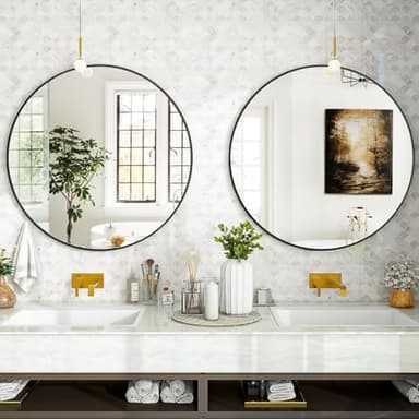 VooBang Black Round Bathroom Mirror, 24 inch Circle Wall Mounted Hanging Mirror with Simple Modern Circular Metal Frame for Hallway, Entryway, Living Room, Black Frame - Image 5