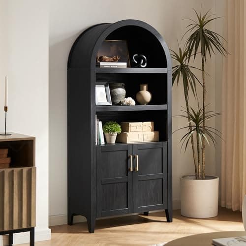 mopio Lauren 65.4" Short Arched Cabinet, 5-Tier Arched Bookcase with Doors and Shelves, Mini Arch Bookshelf with Storage, Wooden Storage Cabinet for Living Room and Kitchen Pantry (Black Accent) - Image 1