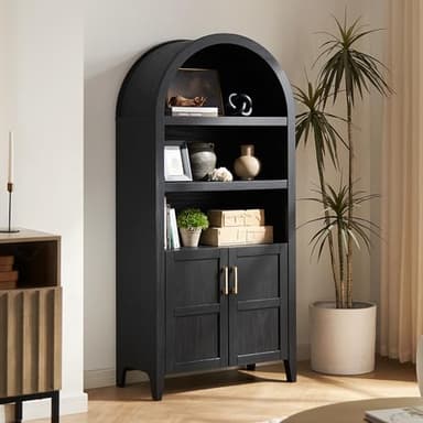 mopio Lauren 65.4" Short Arched Cabinet, 5-Tier Arched Bookcase with Doors and Shelves, Mini Arch Bookshelf with Storage, Wooden Storage Cabinet for Living Room and Kitchen Pantry (Black Accent) - Image 1