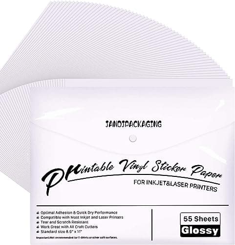 JANDJPACKAGING Premium Printable Vinyl Sticker Paper - for Inkjet and Laser Printer - 55 Pack Glossy White Waterproof Inkjet Printable Vinyl - Dries Quickly and Holds Ink Beautifully - Image 1