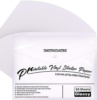 JANDJPACKAGING Premium Printable Vinyl Sticker Paper - for Inkjet and Laser Printer - 55 Pack Glossy White Waterproof Inkjet Printable Vinyl - Dries Quickly and Holds Ink Beautifully - Image 1