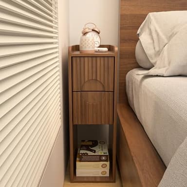 Narrow Fluted Nightstand Set of 2, Wooden Small 2 Drawer Nightstand, Slim Side End Table, Vintage Bedside Table, Mid Century Modern Night Stand with Drawers, for Living Room, Bedroom, Walnut - Image 2