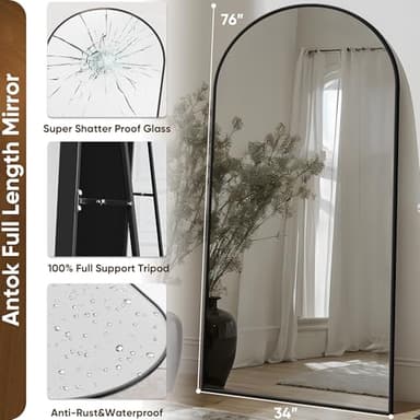Antok Full Length Mirror, 76"x34" Floor Mirror with Stand, Hanging Mounted Mirrors for Bedroom, Living Room, Cloakroom, Dining Room, Black, Arched - Image 3