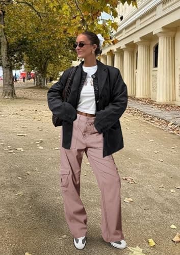 IVIR Cargo Pants Women Adjustable Waist High Waisted Cargo Pants Hiking Pants Baggy Travel Pink Large - Image 2