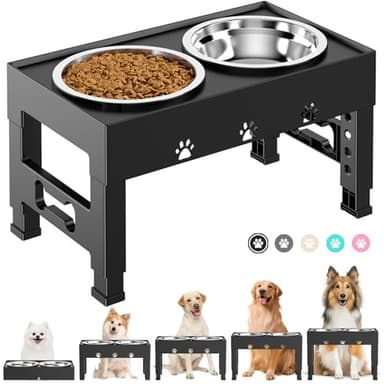 LAKIPETN Elevated Dog Bowls with 2 Stainless Steel Bowls, Raised Dog Food Bowl Stand 5 Height Adjustable (3.1", 9", 10", 11", 12") Non-Slip Feeder Station Set for Medium and Large Dogs - Black - Image 1