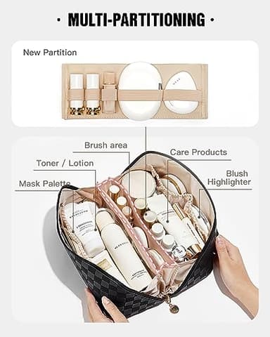 EACHY Travel Makeup Bag, Large Capacity Cosmetic Bags for Women, Waterproof Portable Open Flat Toiletry Bag Make up Bag with Divider and Handle, Gifts for Women (LD-Black, Large) - Image 2