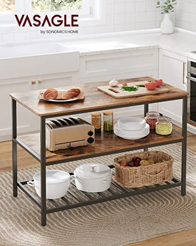 VASAGLE Kitchen Island with 3 Shelves, 47.2 Inches Width Kitchen Shelf with Large Worktop, Stable Steel Structure, Industrial, Easy to Assemble, Rustic Brown and Black UKKI01BX - Image 6