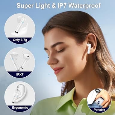 Wireless Earbuds, Bluetooth Headphones 5.4 with ENC Noise Cancelling Mics, 30H Bluetooth Ear buds 3D Bass with LED Display Charging Case, IP7 Waterproof Wireless Earphones for Android, iOS, Pearlwhite - Image 6