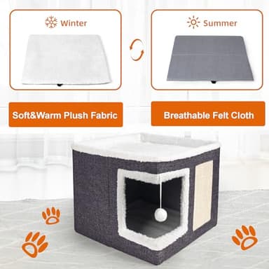 Loyareal Cat Houses for Indoor Cats - Large Cat Bed Cave with Scratch Pad and Fluffy Ball, Foldable Cat Condo Hideaway with Reversible Cushion for Multi Small Pet, Dark Grey - Image 5