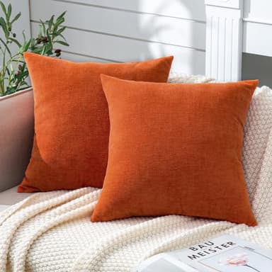 GAWAMAY Decorative Chenille Throw Pillow Covers 24x24 Inch Pack of 2, Soft Square Couch Pillow Cover for Sofa Cushion Living Room Bedroom Solid Dyed Pillowcases Burnt Orange 60x60cm (ONLY Covers) - Image 1