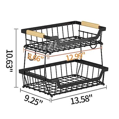 GILLAS 2 Tier Countertop Fruit Basket with 2 Banana Hangers for Kitchen, Detachable Metal Organizer for Bread Vegetable Fruits with Wooden Handle, Large Capacity Rectangular Storage Stand Bowls, Black - Image 2