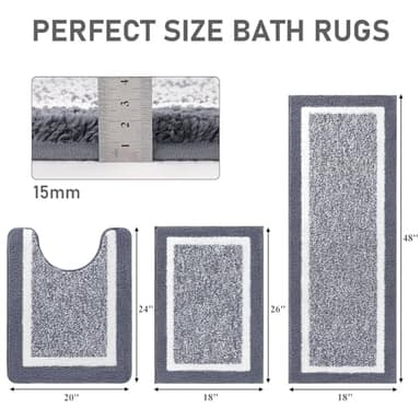 Pauwer Bathroom Rug Mat Set 3 Piece, Microfiber Shaggy Bath Set, Non-Slip Ultra Soft Carpet Mats, Absorbent with U-Shaped Toilet for Bathroom, Tub, Shower, Dark Grey - Image 2
