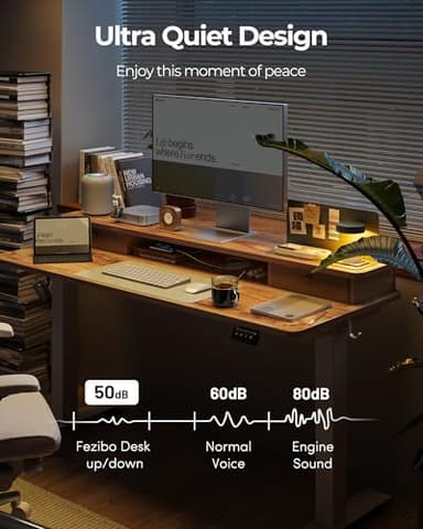 FEZIBO 60 x 24 Inch Height Adjustable Electric Standing Desk with Double Drawer, Computer Desk, Home Office Stand Up Table with 4 Height-Adjustable Feets & 2 Hooks, Light Rustic - Image 8