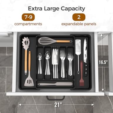 ukeetap Extra Large Expandable Silverware Organizer, BPA-Free Food-Safe Cutlery Flatware Organizer, Kitchen Utensil Drawer Organizer, Adjustable Silverware Holder for Spoons Forks Knives, Black - Image 2