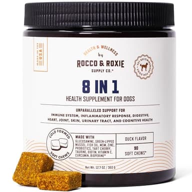 Rocco & Roxie 8 in 1 Dog Vitamins and Supplements, Glucosamine, Green Lipped Mussel Hip and Joint, Probiotics Digestive Health, Immune Skin and Coat, Puppy to Senior Chewable Multivitamin, 90 ct chews - Image 1