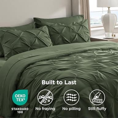 Bedsure Queen Comforter Set Olive Green - Bed in a Bag Queen Size 7 Pieces, GentleSoft™ Pintuck Bed Set Gift for Family, Pinch Pleat Olive Green Comforter with Sheets, Pillowcases & Shams - Image 8
