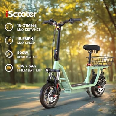 iScooter Electric Scooter with Seat, 21 Miles Long Range & 15.6 Mph Top Speed, 12" Pneumatic Tire, Height Adjustable Seat & Handlebar, Dual Suspensions Commuting Scooter with Basket (Green) - Image 2