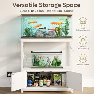 Bestier 20-29 Gallon Fish Tank Stand with Power Outlets, Metal Long Aquarium Stand with Storage Cabinet, 31x15 Reptile Terrarium Stand with Horizontal Gold Line, Stainless Hooks, 350 Lbs(White) - Image 2