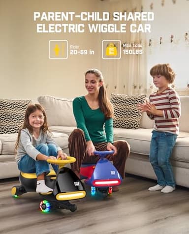 FanttikRide N7 Classic Electric Wiggle Car with Pedal, Rechargeable Battery, Ride on Toys, Swing Car, 2 Speeds, Anti-Rollover, Flashing Light Wheels, Bluetooth, for Ages 3 and Up, 150 Lbs, Yellow - Image 4