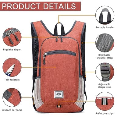 Esup 15L Lightweight Hiking Backpack Foldable Small Travel Backpack Packable Camping Backpack for Women Men (Dark Orange) - Image 4