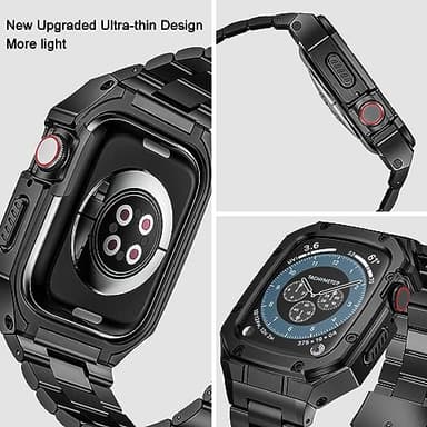 BAITEYOU Stainless Steel Watch Band with Case Compatible with Apple Watch Series 9 8 7 45mm, Rugged Strap with Metal Protective Bumper Cover for iWatch Bands Men (Black) - Image 2