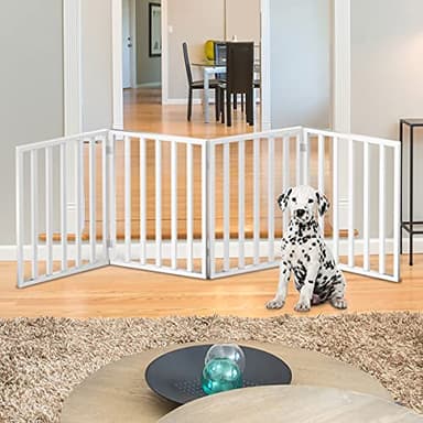 Pet Gate - 4-Panel Indoor Foldable Dog Fence for Stairs, Hallways or Doorways - 72x24-Inch Retractable Wood Freestanding Dog Gates by PETMAKER (White) - Image 2