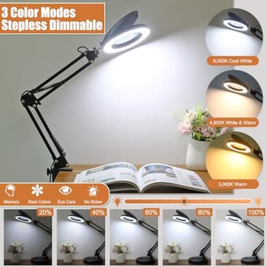 Veemagni 10X Magnifying Glass with Light and Stand, 2-in-1 LED Magnifying Desk Lamp with Clamp & Lens Cover, 3 Color Modes Stepless Dimmable Hands Free Lighted Magnifier for Crafts Reading Painting - Image 5