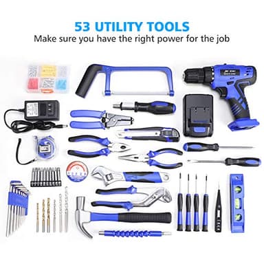 112 Piece Power Tool Combo Kits with 21V Cordless Drill, Professional Household Home Tool Kit Set with DIY Hand Tool Kits for Garden Office House Repair Maintain-Blue - Image 2