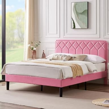 VECELO Full Size Bed Frame Premium Velvet Upholstered Platform with Height Adjustable Headboard/Mattress Foundation, Solid Wooden Slat Support, No Box Spring Needed/Easy Assembly - Image 4