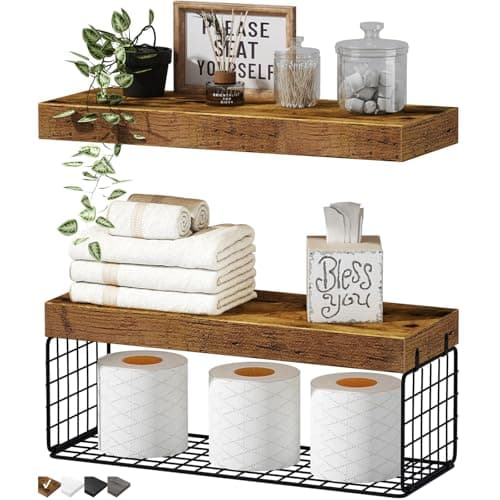 QEEIG Bathroom Shelves Over Toilet - Wall Mounted Floating Shelves Toilet Paper Storage Small Farmhouse Decor Shelf 16 inch Set of 2, Rustic Brown (019-BN2) - Image 1
