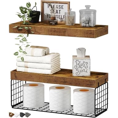 QEEIG Bathroom Shelves Over Toilet - Wall Mounted Floating Shelves Toilet Paper Storage Small Farmhouse Decor Shelf 16 inch Set of 2, Rustic Brown (019-BN2) - Image 1