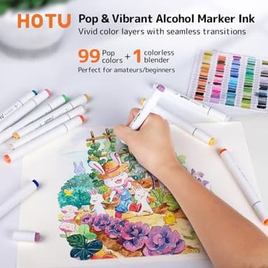 HOTU Alcohol Markers, [Beginner Preferred] 100 Vibrant Colors & Dual Tips Art Markers for Kids/Adult Coloring, with Pro Ink, Seamless Blend, Non-Bleeding Pad, & Color Card, for Amateurs/Artists - Image 2