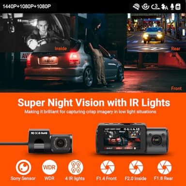 VANTRUE N4 3 Channel Dash Cam, 4K+1080P Dual Channel, 1440P+1440P+1080P Front Inside Rear Three Way Triple Car Dash Camera, IR Night Vision, Capacitor, 24 Hours Parking Mode, Support 256GB Max - Image 3