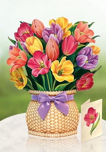 Freshcut Paper Pop Up Cards, Festive Tulips, 12 Inch Life Sized Forever Flower Bouquet 3D Popup Greeting Card, Birthday Cards, Thank You Card, Blank Notecard & Envelope - Image 4