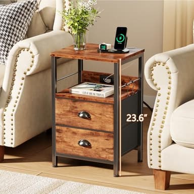 Furologee Nightstand Set of 2, Rustic Brown, with Charging Station and USB Ports, Side Tables with 2 Fabric Drawers, Bedside Tables with Storage Shelf & Hooks, for Living Room/Bedroom - Image 2