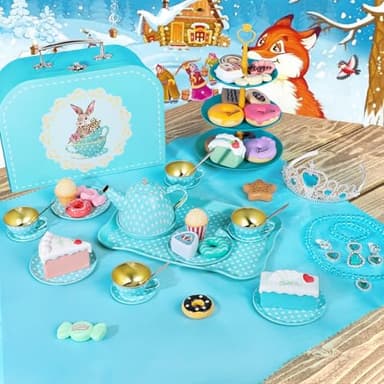 Tea Party Set for Little Girls, 49PCS Princess Tea Time Toys Including Tea Set Dessert Carrying Case, Kids Kitchen Pretend Playset (Bunny Tea Party Set Blue) - Image 6