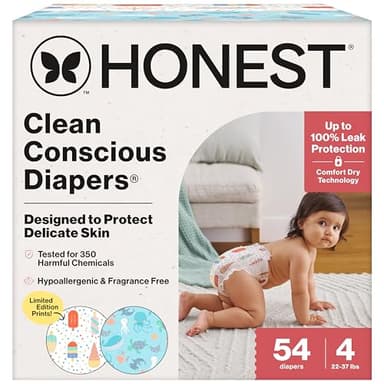 The Honest Company Clean Conscious Diapers for Delicate Skin | Up to 100% Leakproof | Hypoallergenic, Fragrance Free | Summer '25 Limited Edition Prints | Club Box, Size 4 (22-37 lbs), 54 Count - Image 1