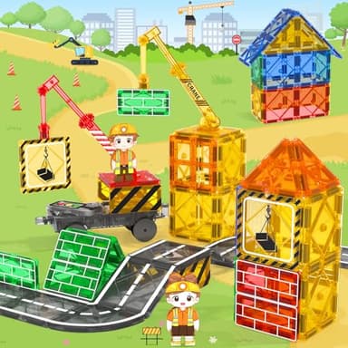 Kids Games Magnetic Tiles with 2 Cranes Construction Set Sensory Toys for Boys Girls Ages 3-6 5-7 8-13, Gifts for 3+ Year Old Boys Girls Toddler Outdoor Kids Toys with Car - Image 6