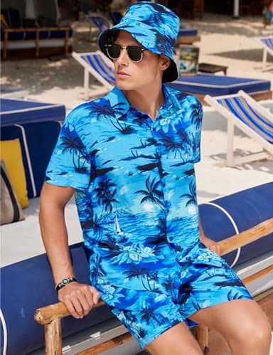 EISHOPEER Men's Holiday Hawaiian Shirt and Short 2 Piece Outfits Sets with Bucket Hats XXL-Large - Image 2