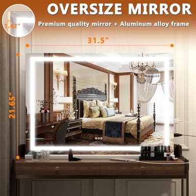 Hasipu Vanity Mirror with Lights, 32" x 22" LED Makeup Mirror, Lighted Makeup Mirror with Dimmable 3 Modes, Touch Screen Control Vanity Mirror Square White - Image 2